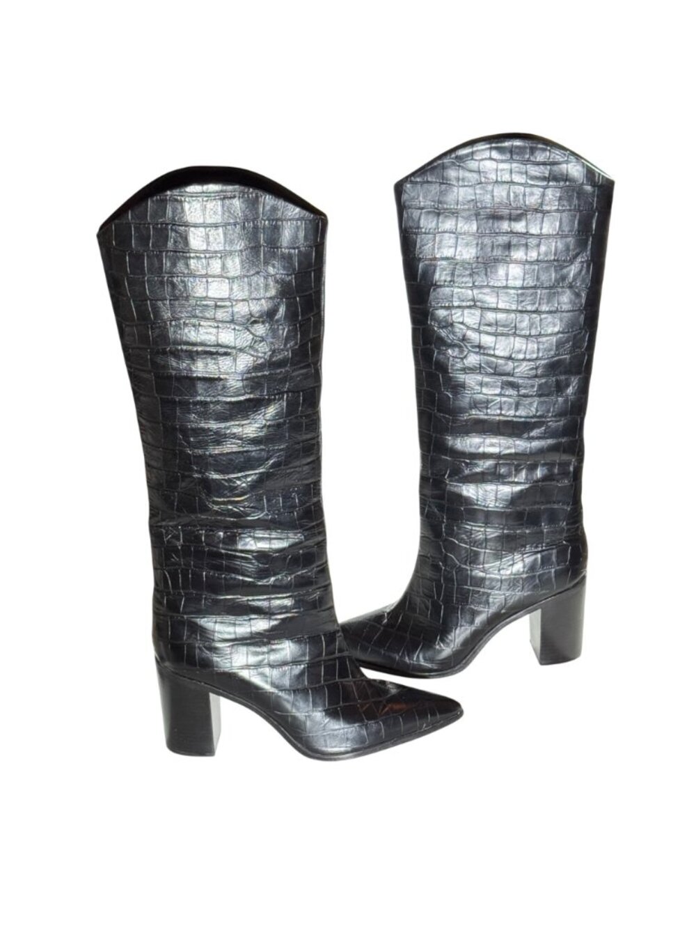 Schutz Mariana Black Crocodile-Embossed Leather Knee-High Black Boots 9.5B - Picture 13 of 14
